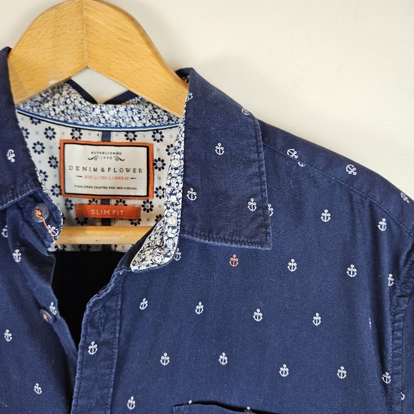 Denim & Flower Slim Fit Men's Large Anchor Print Short Sleeve Shirt A1212 - Picture 3 of 12